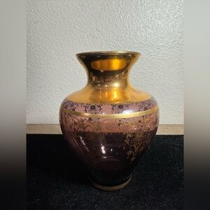 Ferro & Lazzarini Murano Italy Purple Amethyst Art Glass Vase 22K Gold 5”